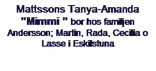 Textruta: Mattssons Tanya-Amanda Mimmi  bor hos familjen Andersson; Martin, Rada, Cecilia o Lasse i Eskilstuna
